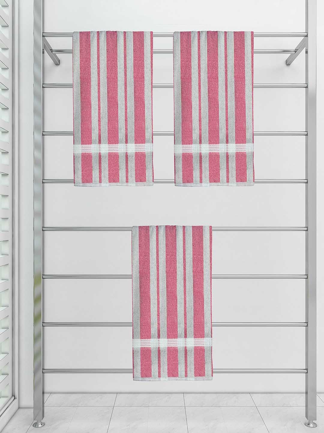 

Athom Trendz Set Of 3 Striped 210 GSM Pure Cotton Bath Towels, Pink