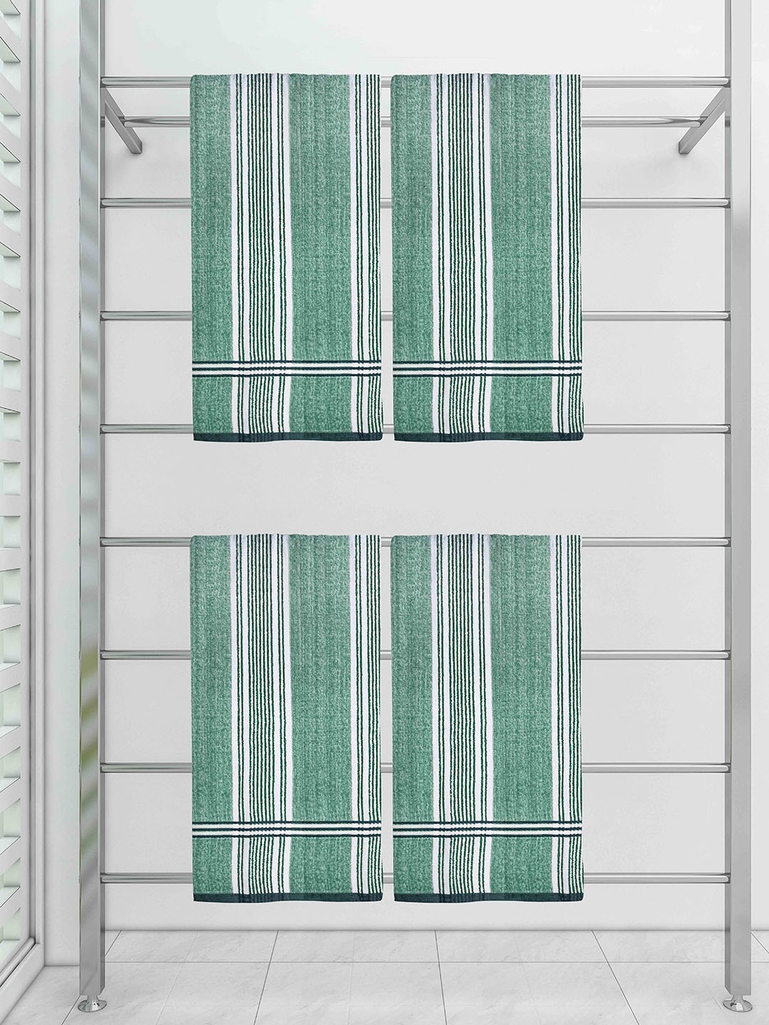 

Athom Trendz Set Of 4 Striped 210 GSM Pure Cotton Bath Towels, Green
