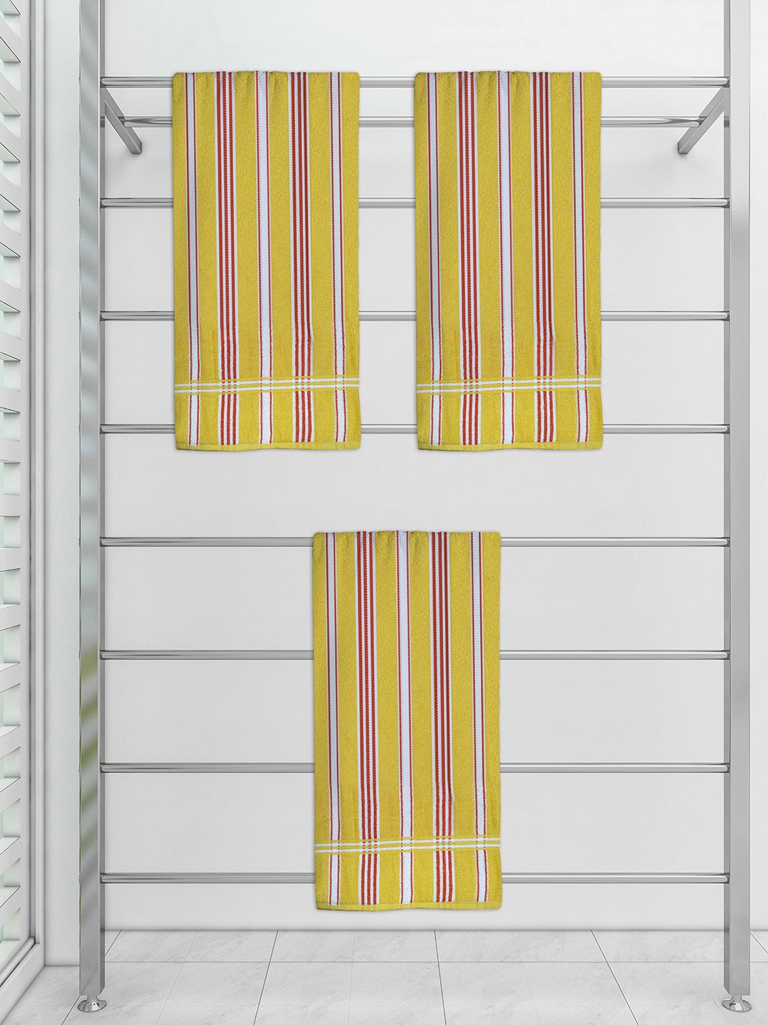 

Athom Trendz Set Of 3 Striped 210 GSM Pure Cotton Bath Towels, Yellow