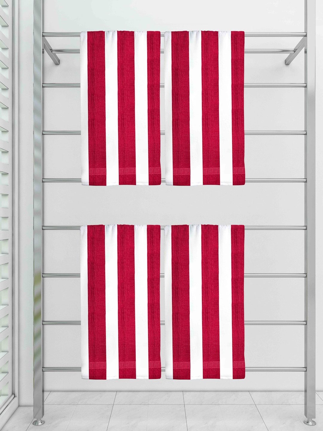 

Athom Trendz Set Of 4 Striped 210 GSM Pure Cotton Bath Towels, Red