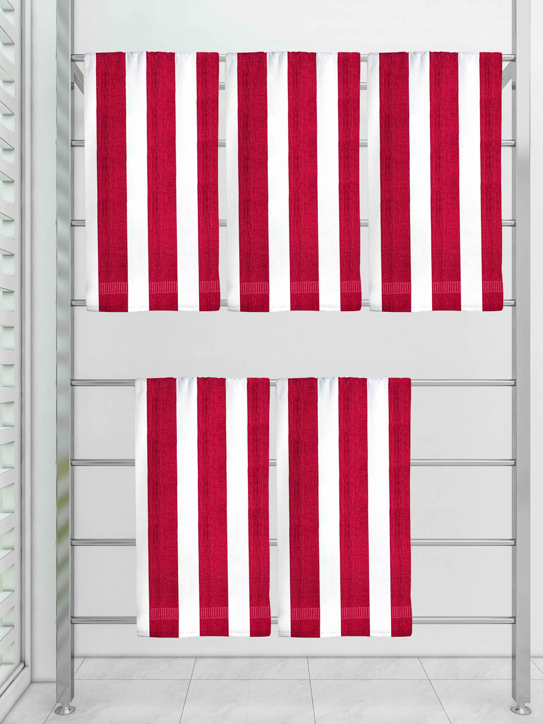 

Athom Trendz Set Of 5 Striped 210 GSM Pure Cotton Bath Towels, Red