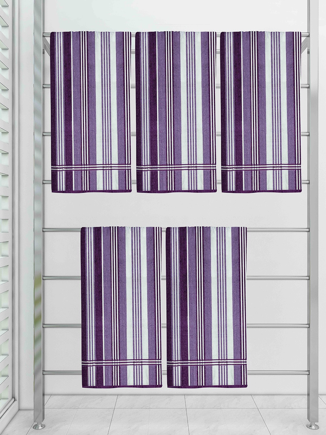 

Athom Trendz Set Of 5 Striped 210 GSM Pure Cotton Bath Towels, Purple