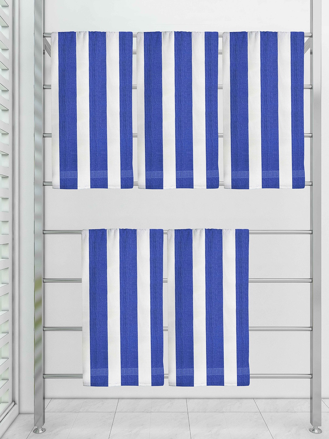 

Athom Trendz Set Of 5 Striped 210 GSM Pure Cotton Bath Towels, Blue