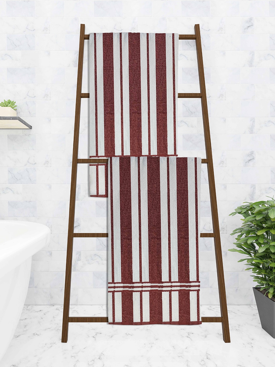 

Athom Trendz Pack of 2 Maroon & White Stripped Printed 210 GSM Cotton Bath Towels, Brown
