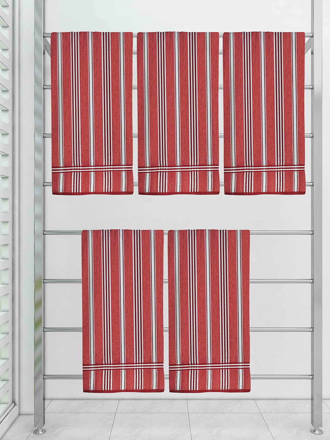 

Athom Trendz Set Of 5 Striped Pure Cotton 210 GSM Bath Towel, White