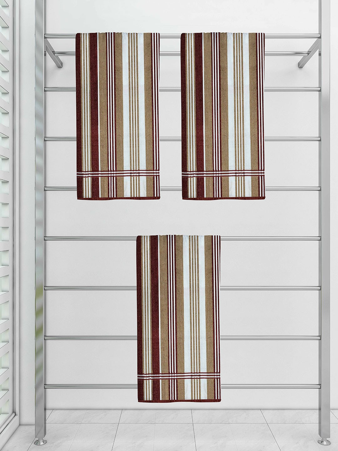 

Athom Trendz Set Of 3 Striped 210 GSM Pure Cotton Bath Towels, Brown