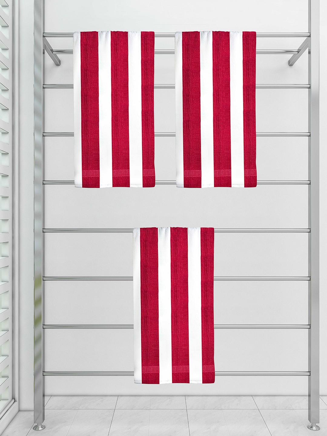 

Athom Trendz Set Of 3 Striped 210 GSM Pure Cotton Bath Towels, Red
