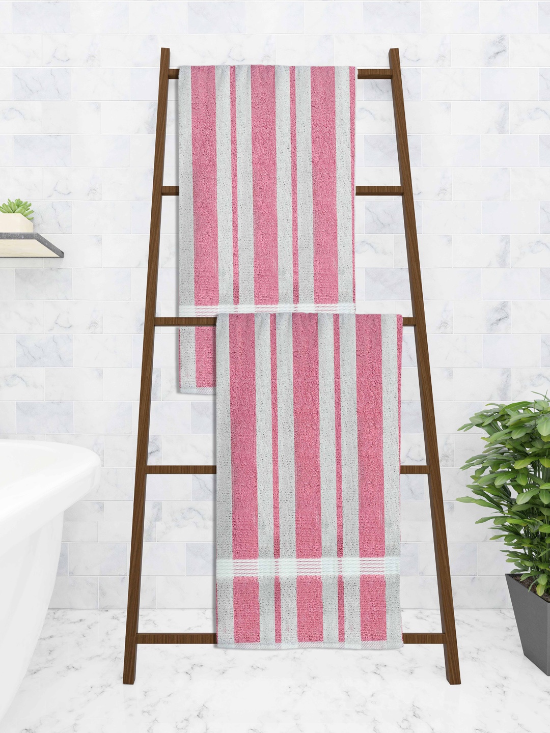 

Athom Trendz Set Of 2 Striped 210 GSM Pure Cotton Bath Towels, Pink