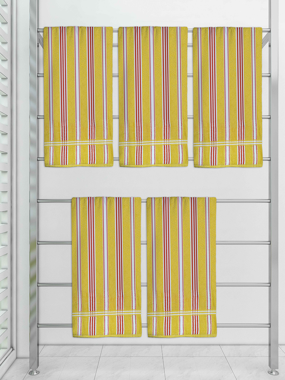 

Athom Trendz Set Of 5 Striped 210 GSM Pure Cotton Bath Towels, Yellow