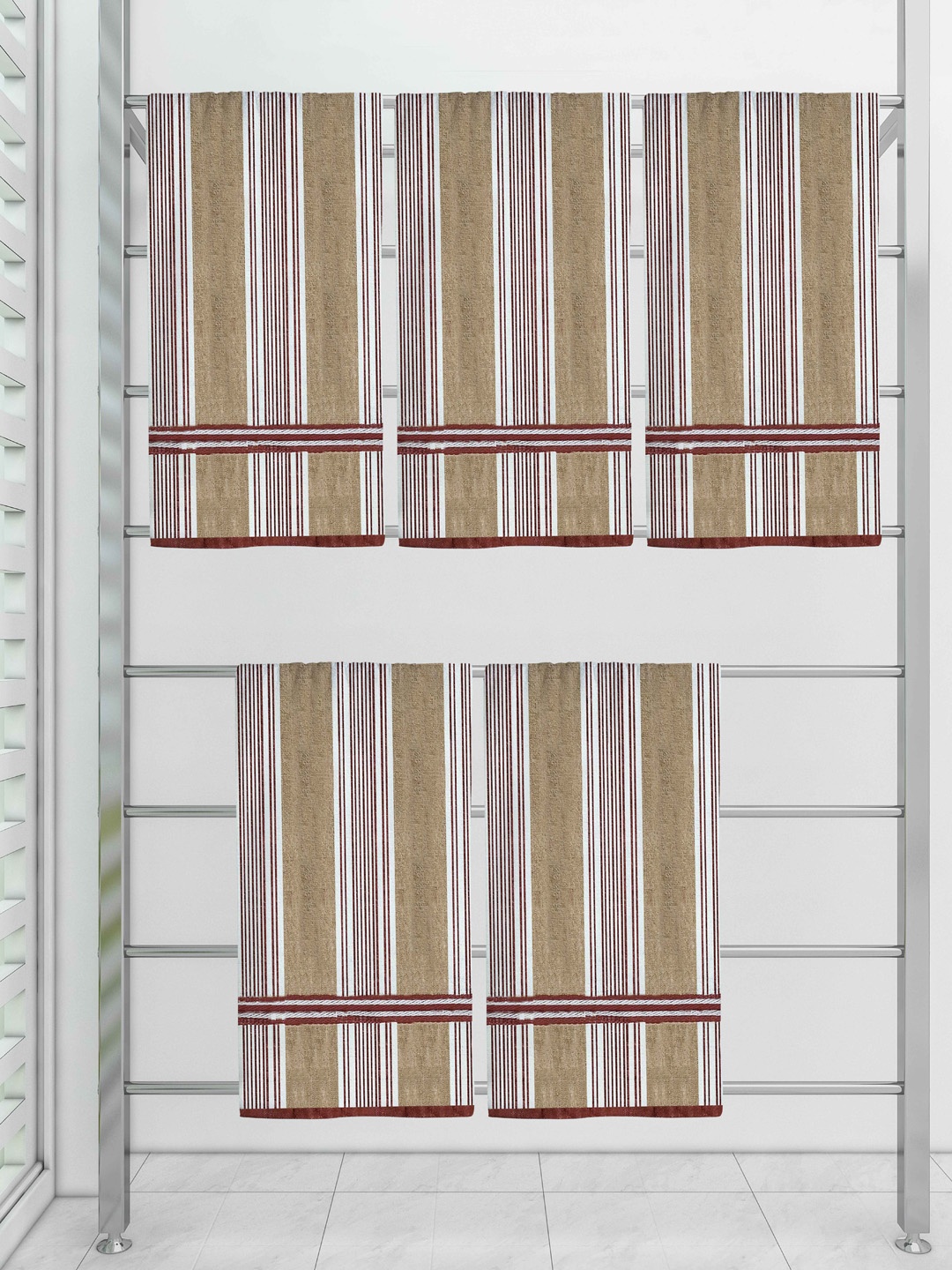 

Athom Trendz Set Of 5 Striped 210 GSM Pure Cotton Bath Towels, Beige