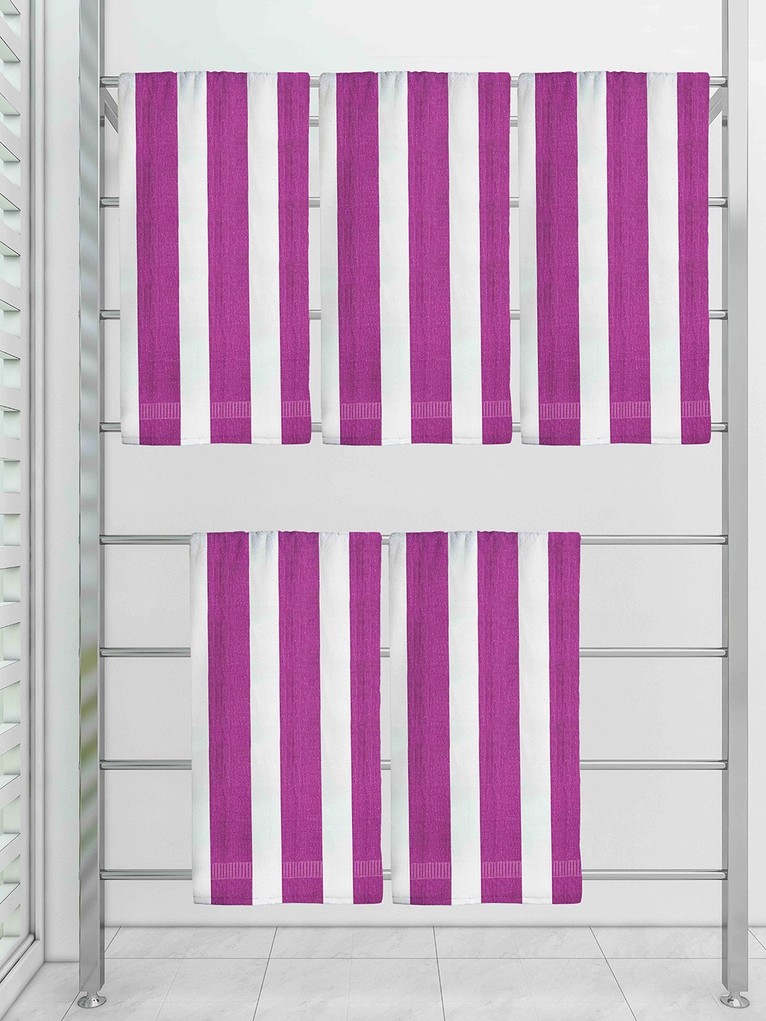 

Athom Trendz Set Of 5 Striped 210 GSM Pure Cotton Bath Towels, Purple