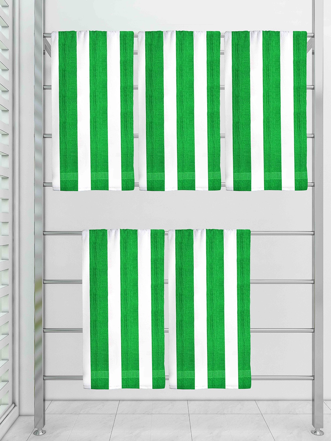 

Athom Trendz Set Of 5 Striped 210 GSM Pure Cotton Bath Towels, Green