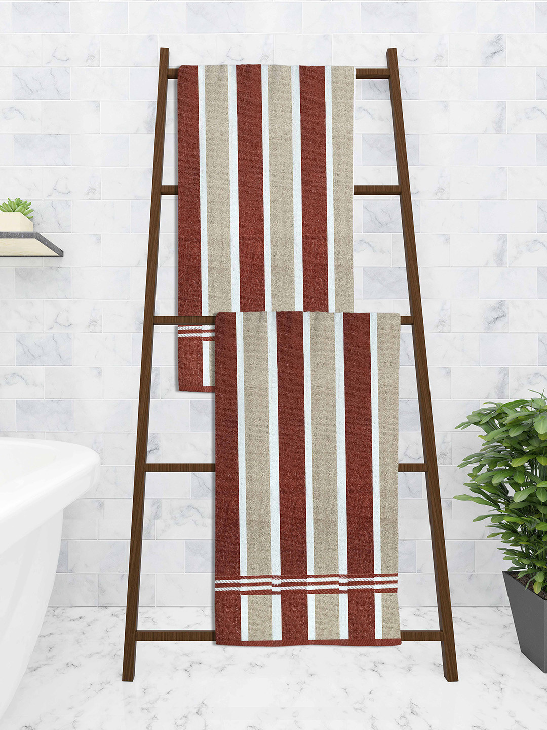 

Athom Trendz Set Of 2 Striped 210 GSM Pure Cotton Bath Towels, Brown