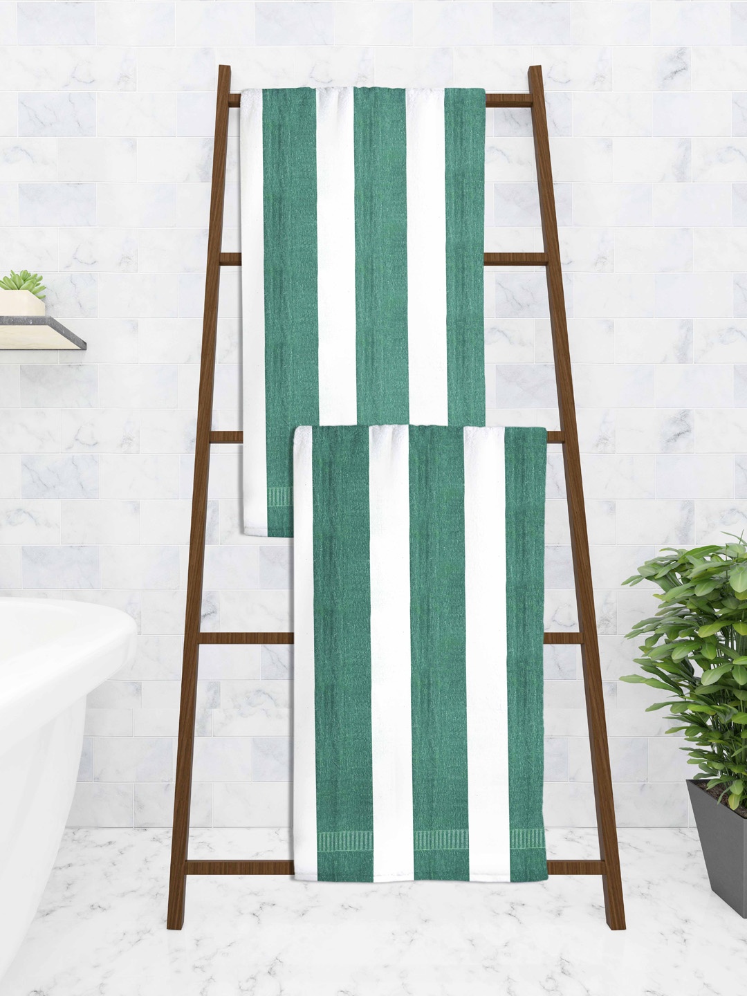 

Athom Trendz Set Of 2 Striped 210 GSM Pure Cotton Bath Towels, Green