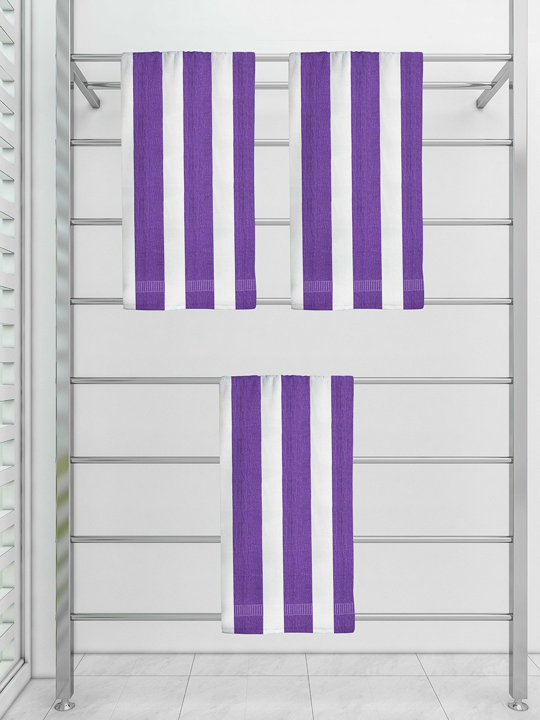 

Athom Trendz Set Of 3 Striped 210 GSM Pure Cotton Bath Towels, Purple