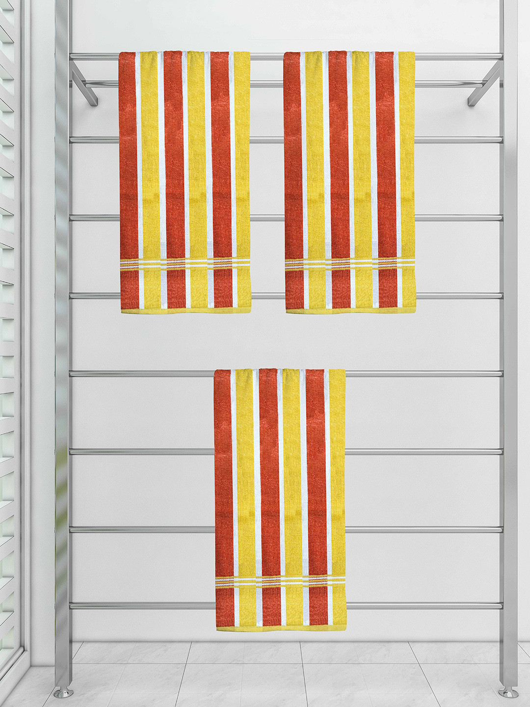 

Athom Trendz Set Of 3 Striped 210 GSM Pure Cotton Bath Towels, Rust