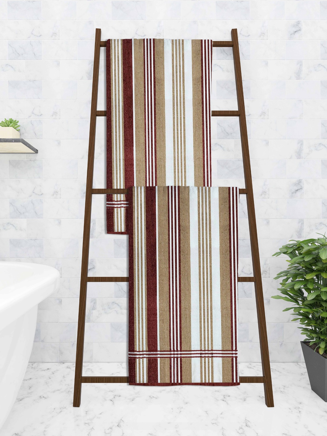 

Athom Trendz Set Of 2 Striped 210 GSM Pure Cotton Bath Towels, Brown