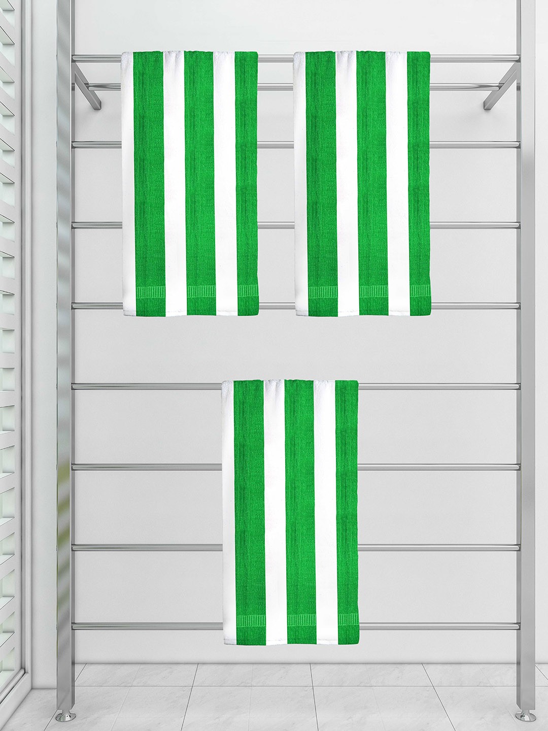 

Athom Trendz Set Of 3 Striped 210 GSM Pure Cotton Bath Towels, Green