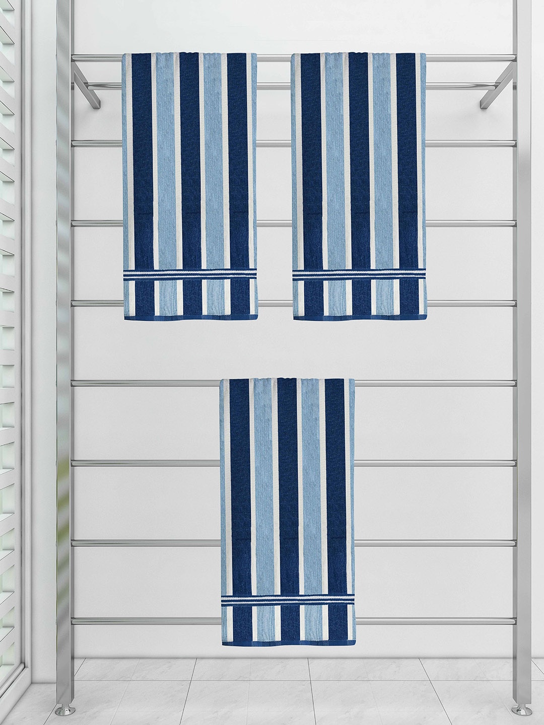 

Athom Trendz Set Of 3 Striped 210 GSM Pure Cotton Bath Towels, Blue