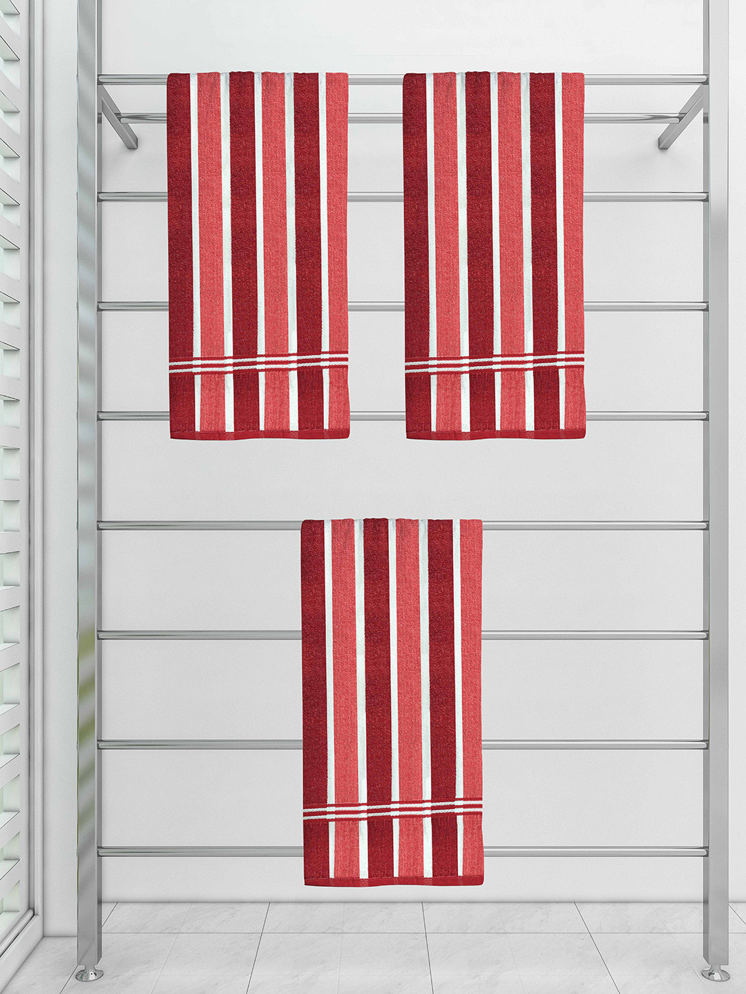 

Athom Trendz Set Of 3 Striped 210 GSM Pure Cotton Bath Towels, Red