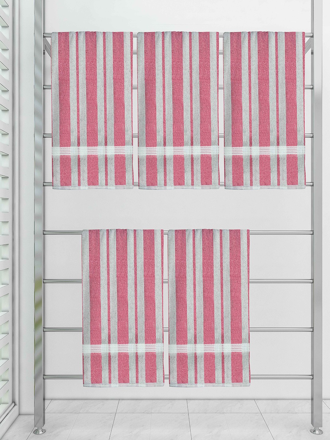 

Athom Trendz Set Of 5 Striped 210 GSM Pure Cotton Bath Towels, Pink