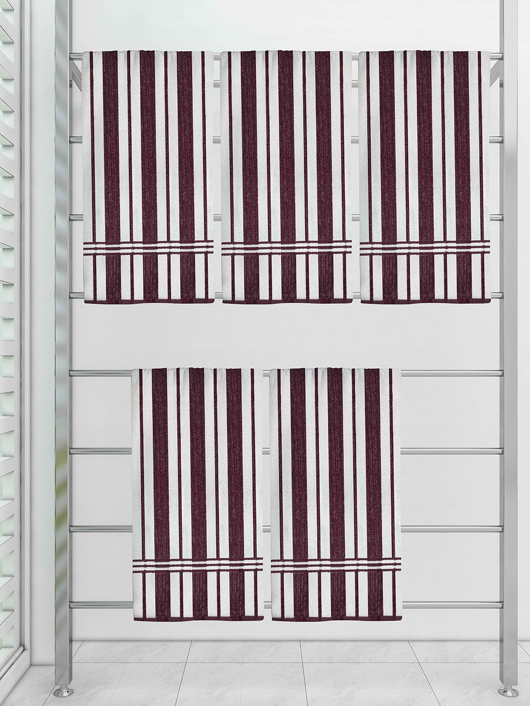 

Athom Trendz Set Of 5 Striped 210 GSM Pure Cotton Bath Towels, Purple