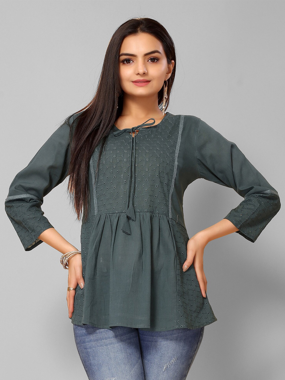 

KALINI Teal Green Embroidered Tie-Up Neck Lace Inserted Pure Cotton A-line Top