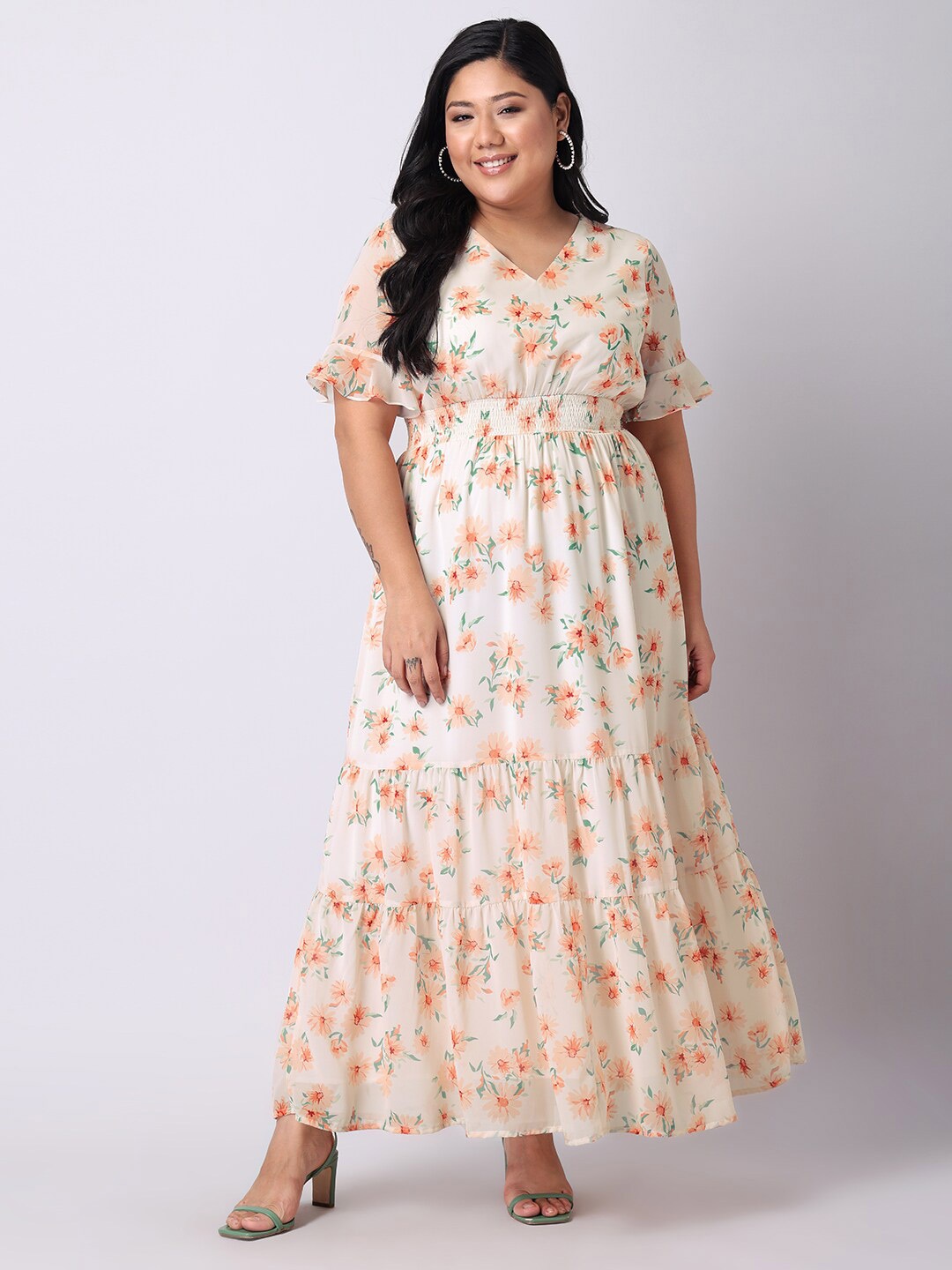 

FabAlley Curve Peach-Coloured Floral Georgette Maxi Dress