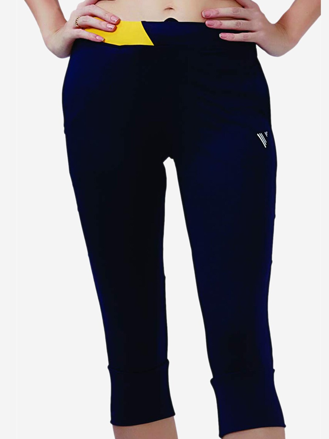 

VELOZ Women Navy Blue & Yellow Three-fourth Length Sports Tights