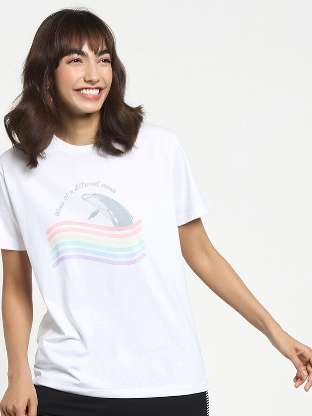 

Bewakoof Women White Typography Printed Drop-Shoulder Sleeves Pure Cotton T-shirt
