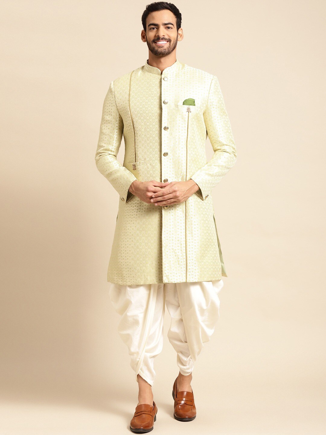

KISAH Men Green Cotton Sherwani With Dhoti Pants