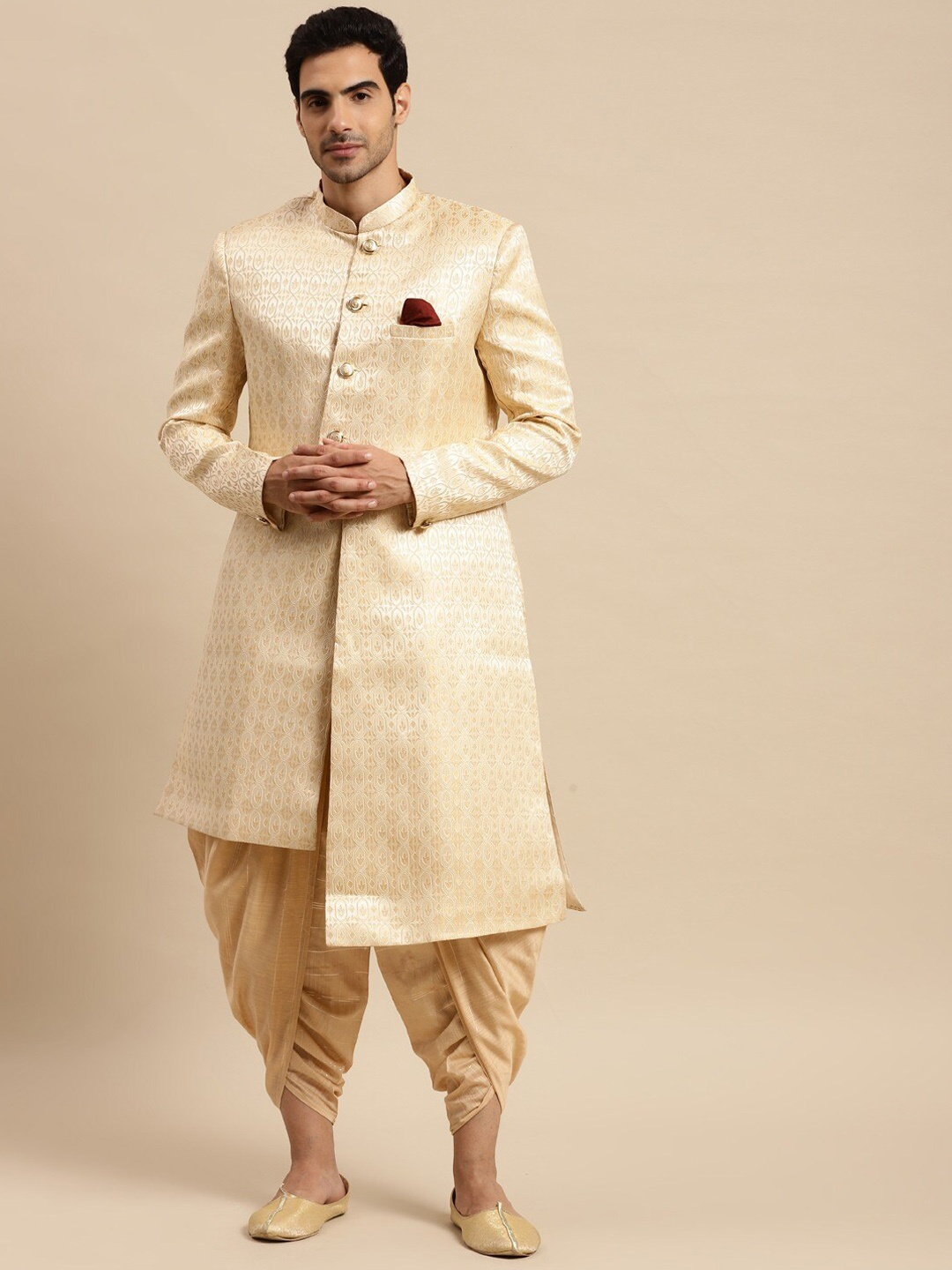 

KISAH Men Gold-Coloured & Beige Printed Cotton Sherwani Set