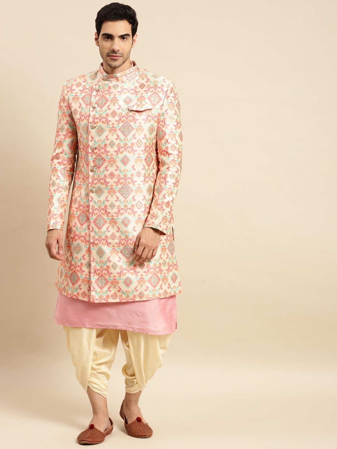 

KISAH Men Printed Cotton Indowestern Sherwani Set, Beige