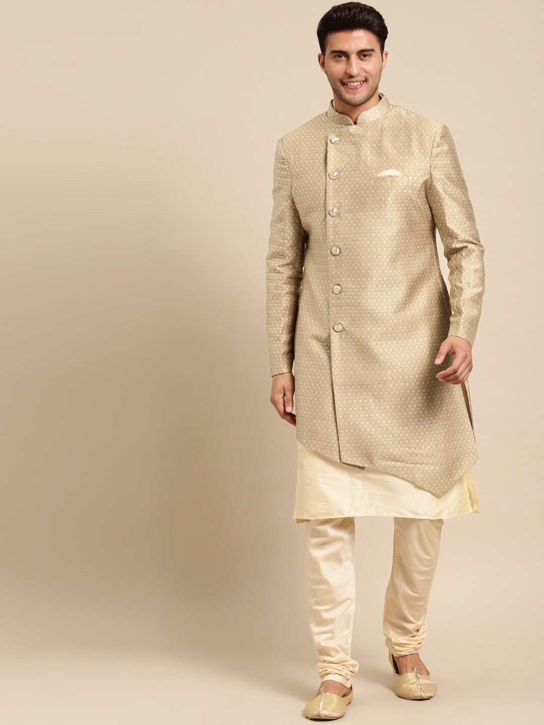 

KISAH Men Solid Cotton Indowestern Sherwani, Brown