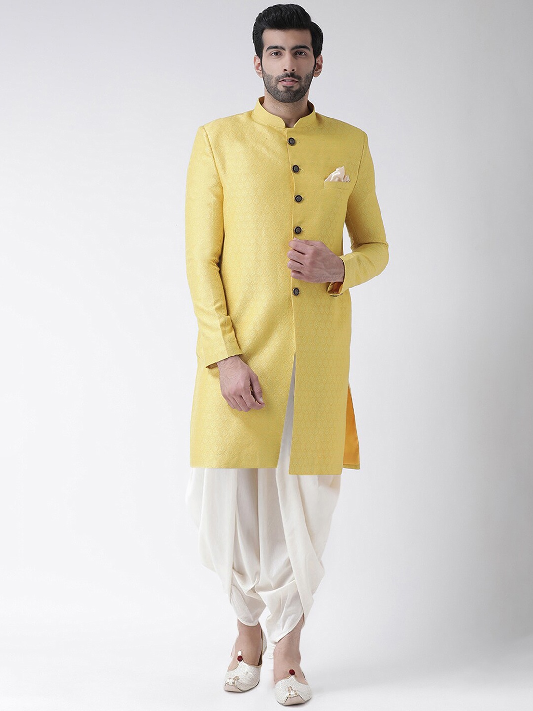 

KISAH Men Cotton Sherwani with Dhoti Pants Set, Yellow