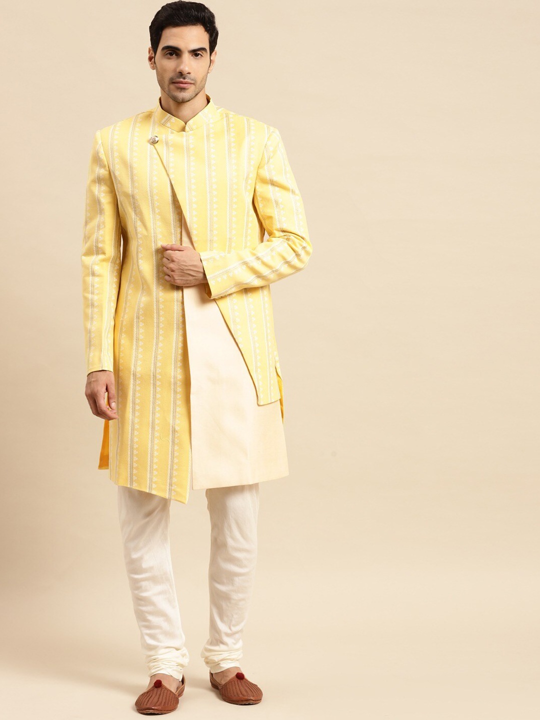 

KISAH Men Yellow Self Design Sherwani Set