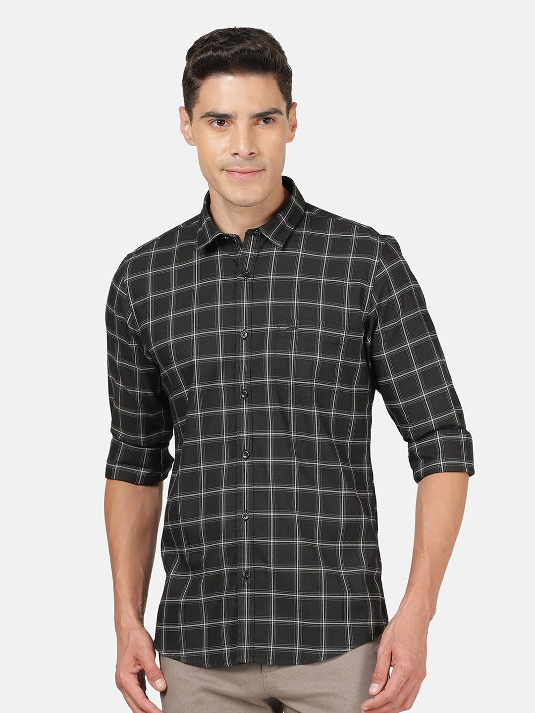 

Crocodile Men Black Classic Slim Fit Windowpane Checks Checked Casual Shirt