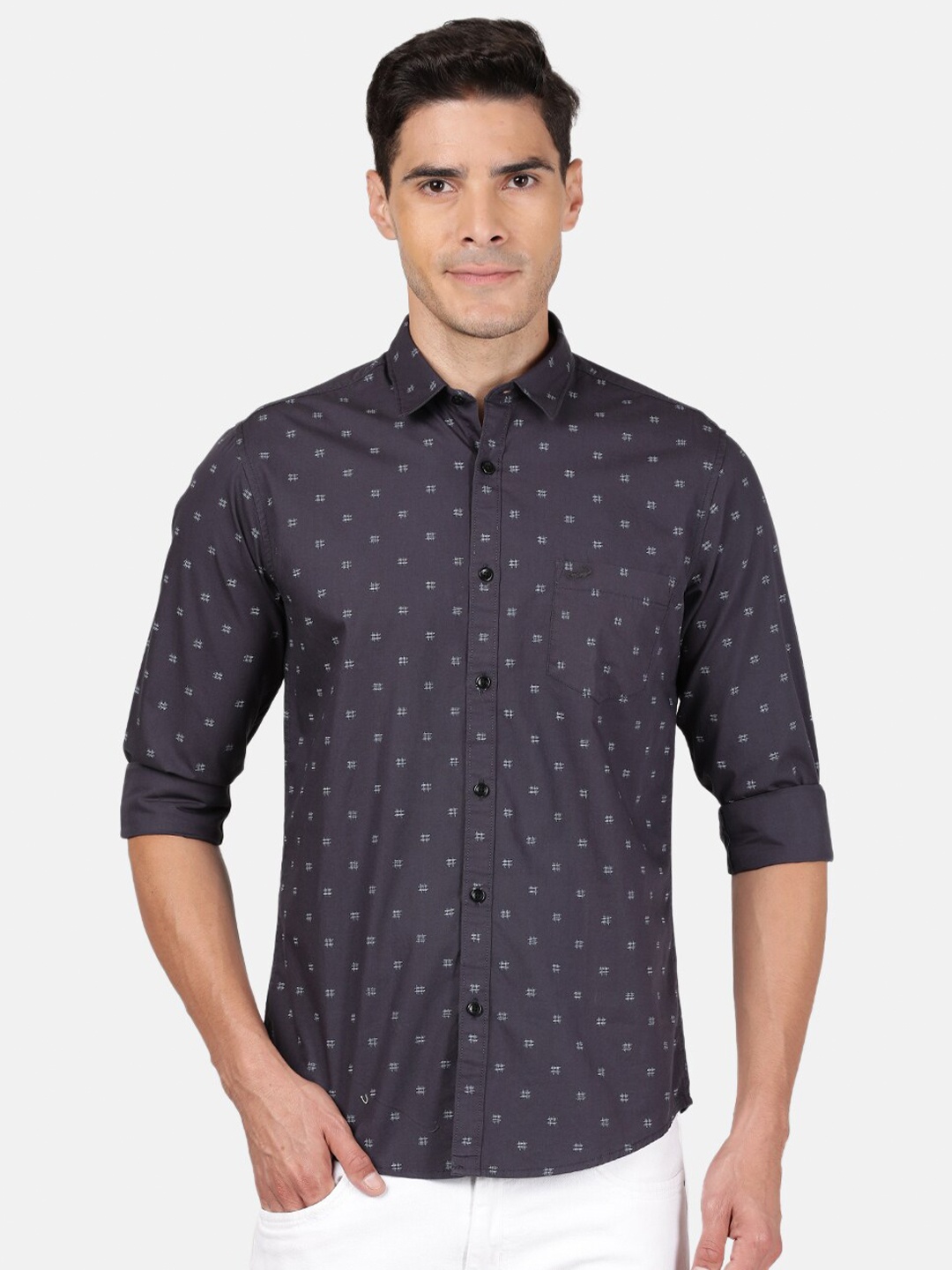 

Crocodile Men Navy Blue Classic Slim Fit Printed Casual Shirt