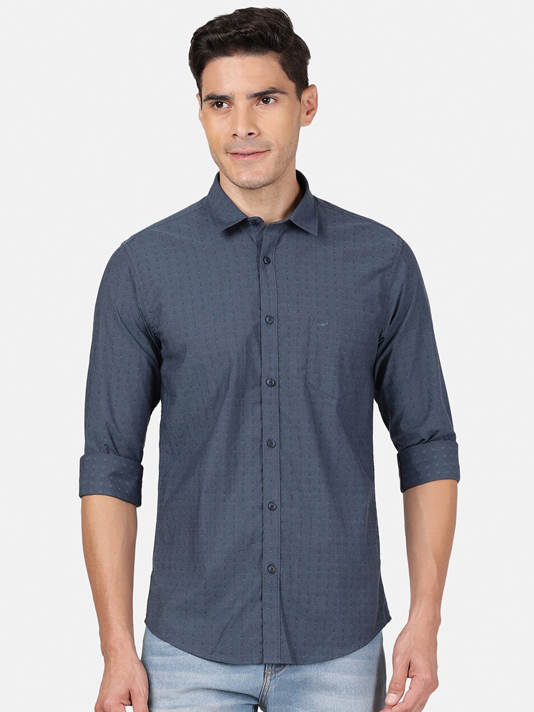 

Crocodile Men Navy Blue Classic Slim Fit Micro Checks Checked Casual Shirt