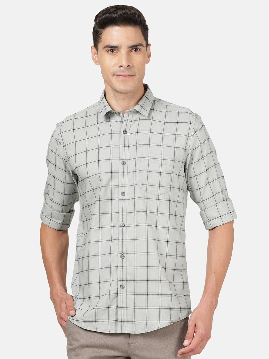 

Crocodile Men Grey Classic Slim Fit Windowpane Checks Checked Casual Shirt