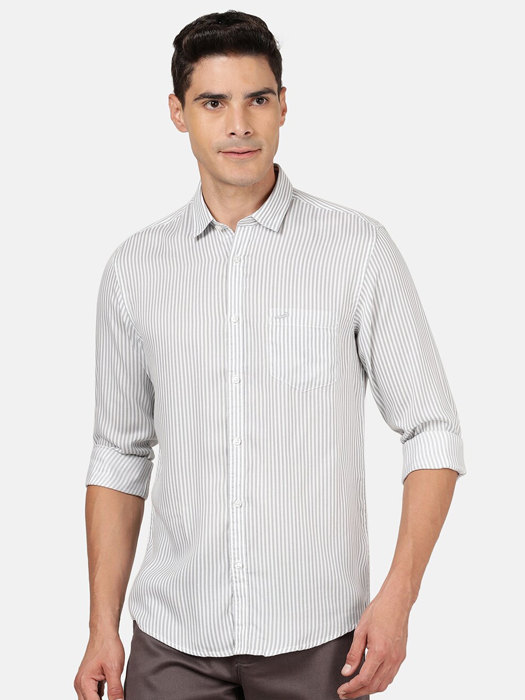 

Crocodile Men Grey Classic Slim Fit Striped Casual Shirt