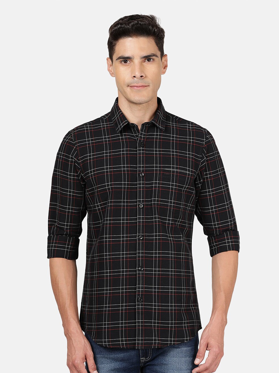 

Crocodile Men Black Classic Slim Fit Tartan Checks Checked Casual Shirt