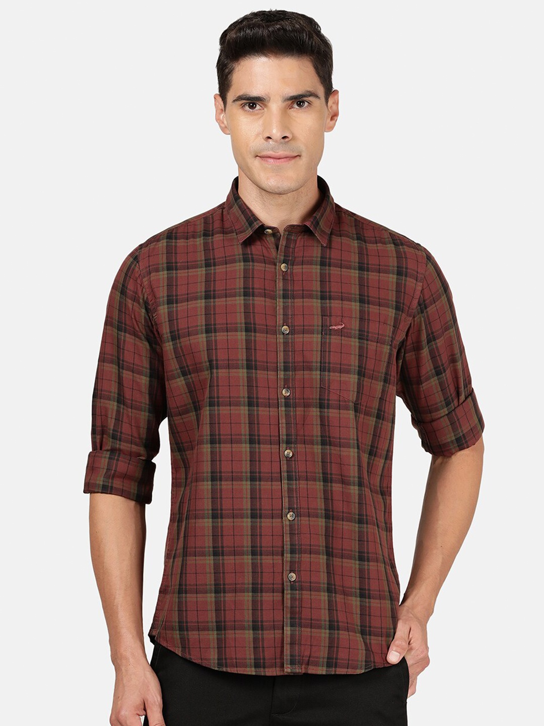 

Crocodile Men Brown Classic Slim Fit Tartan Checks Checked Casual Shirt