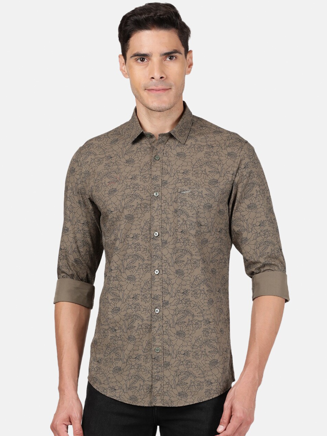 

Crocodile Men Olive Green Classic Slim Fit Floral Printed Casual Shirt
