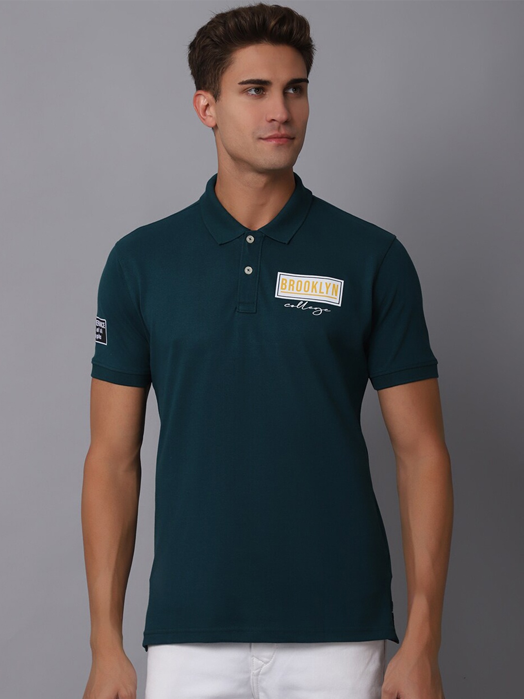 

Cantabil Men Teal & dark gunmetal Polo Collar T-shirt