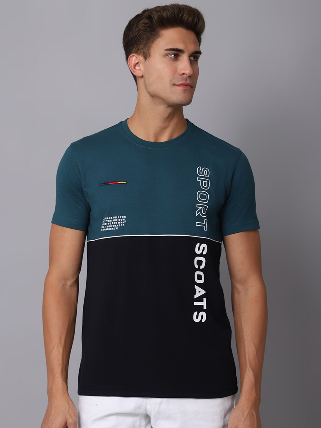 

Cantabil Men Teal & xiketic Typography T-shirt