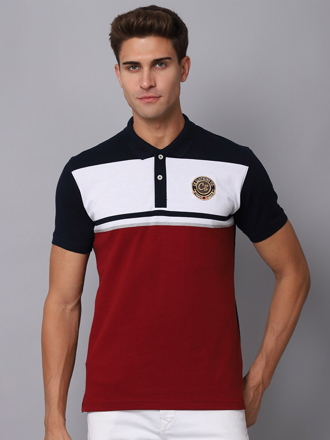 

Cantabil Men Maroon Colourblocked Henley Neck Applique T-shirt