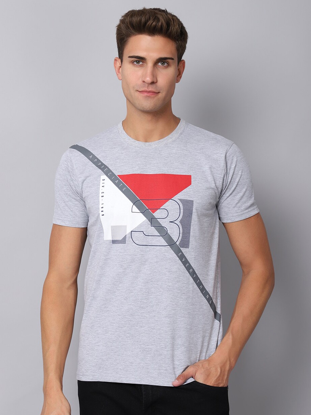

Cantabil Men Grey Melange & gray lilac Typography Printed Applique T-shirt