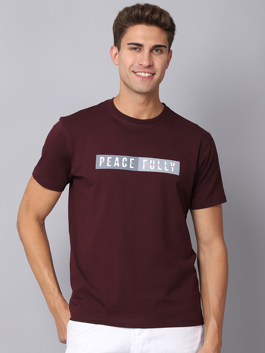 

Cantabil Men Maroon & dark sienna Typography Printed Applique T-shirt