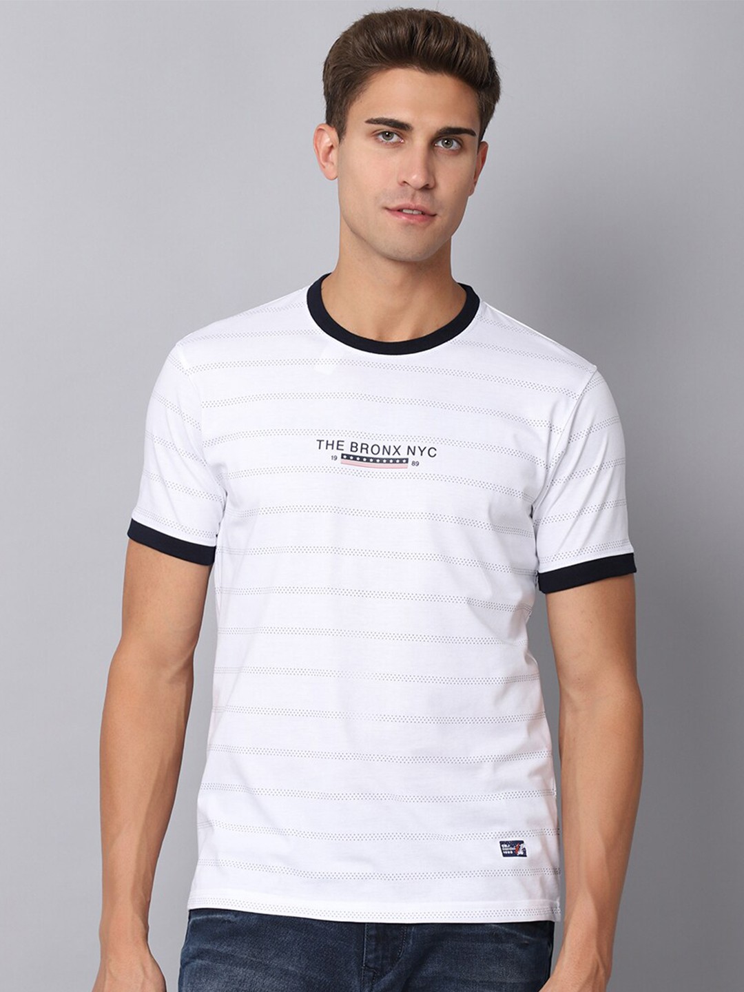 

Cantabil Men White & magnolia Typography Striped T-shirt